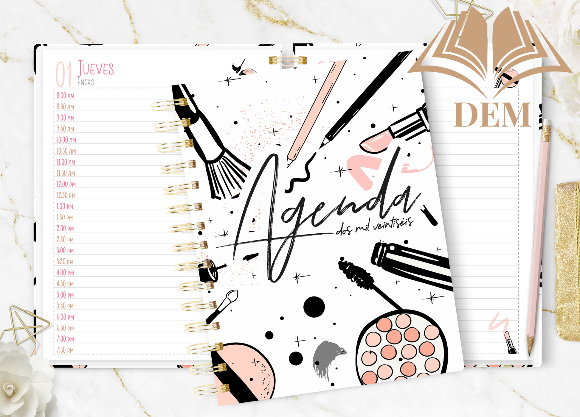 Portada de la Agenda 2026 'Glam & Beauty' para estilistas con ilustraciones de maquillaje.