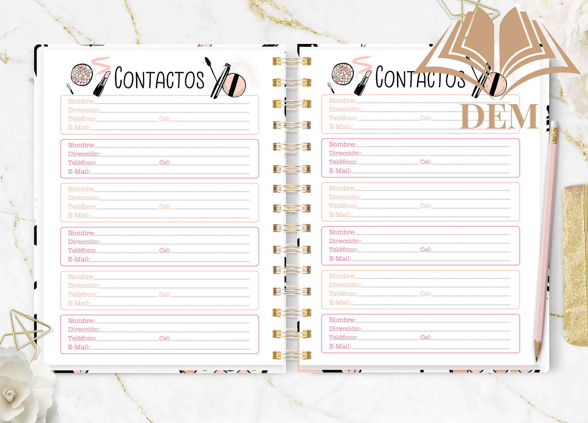 Páginas dobles de la Agenda 2026 dedicadas a la sección 'CONTACTOS' para clientes o proveedores.