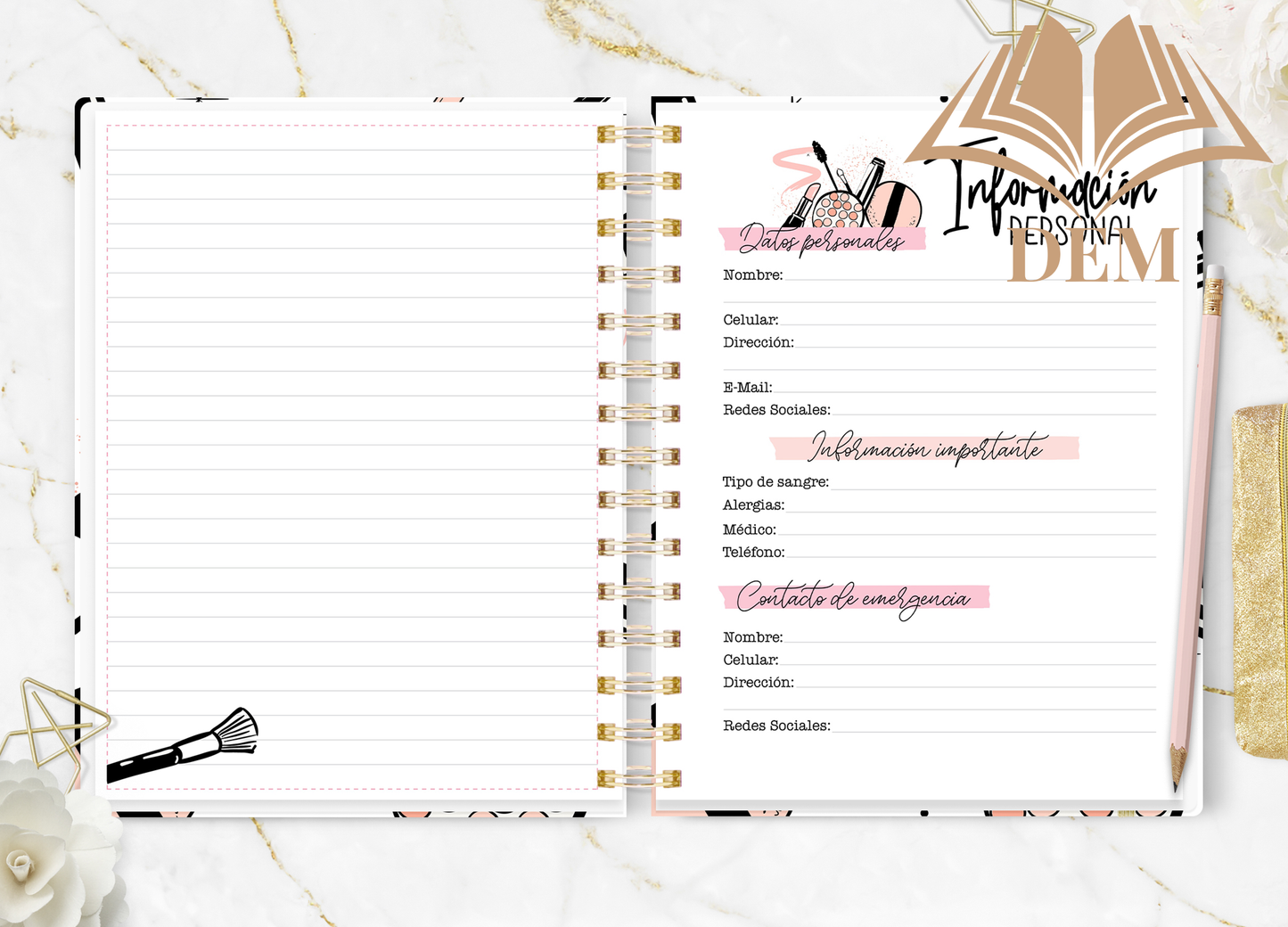 Páginas de la agenda con secciones para 'Información Personal', 'Información Importante' y 'Contacto de Emergencia'.
