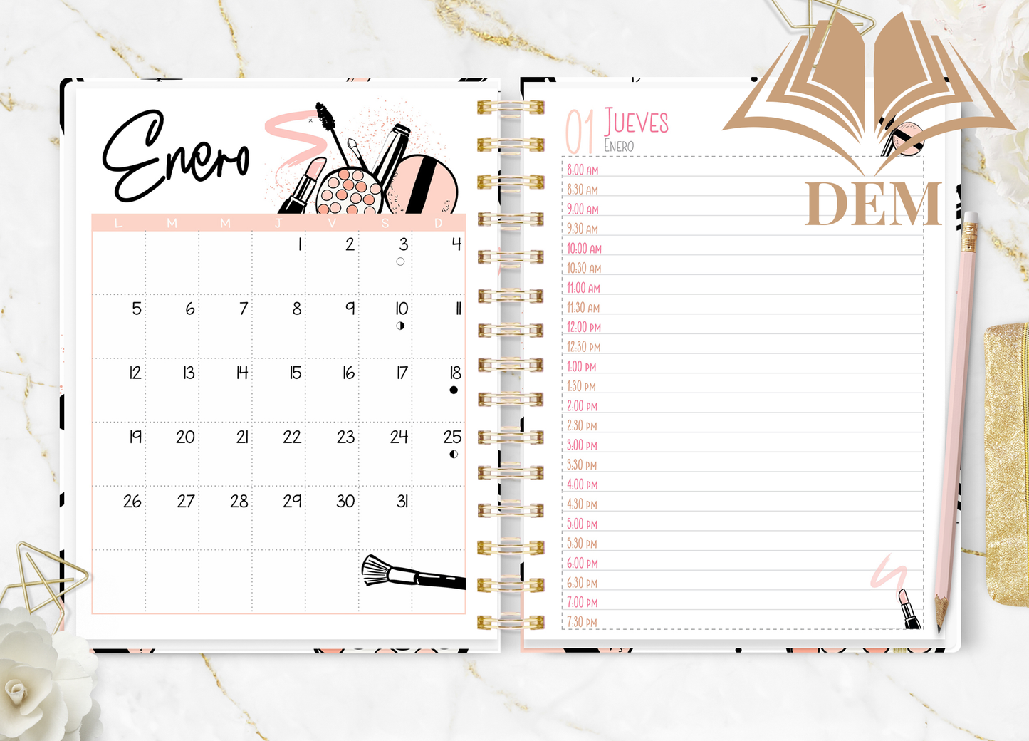 Portada de la Agenda 2026 'Glam & Beauty' para estilistas con ilustraciones de maquillaje.