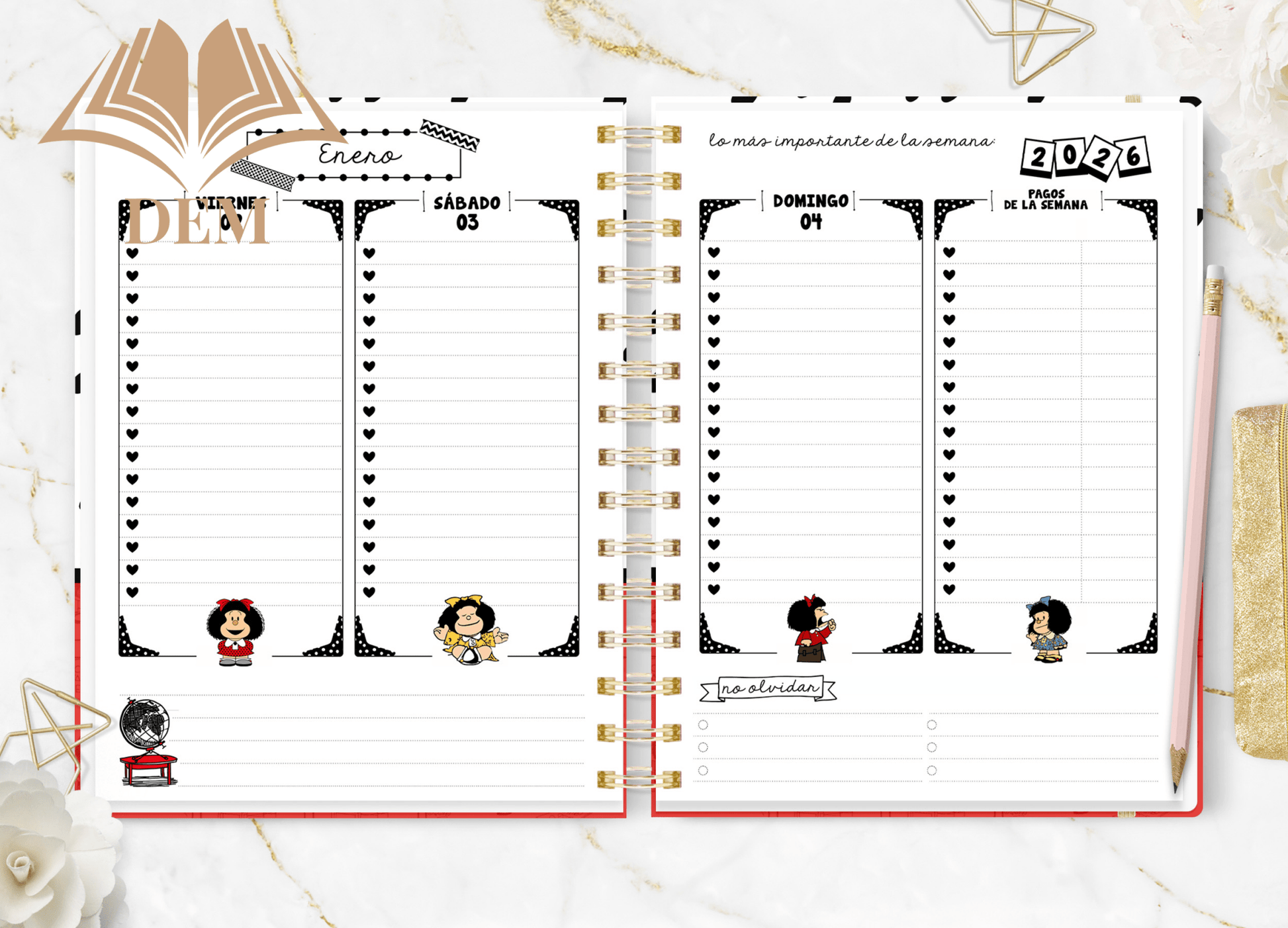 Agenda Semanal 2026 Mafalda - Planificación y Listas de Tareas - ImpresionesDEM