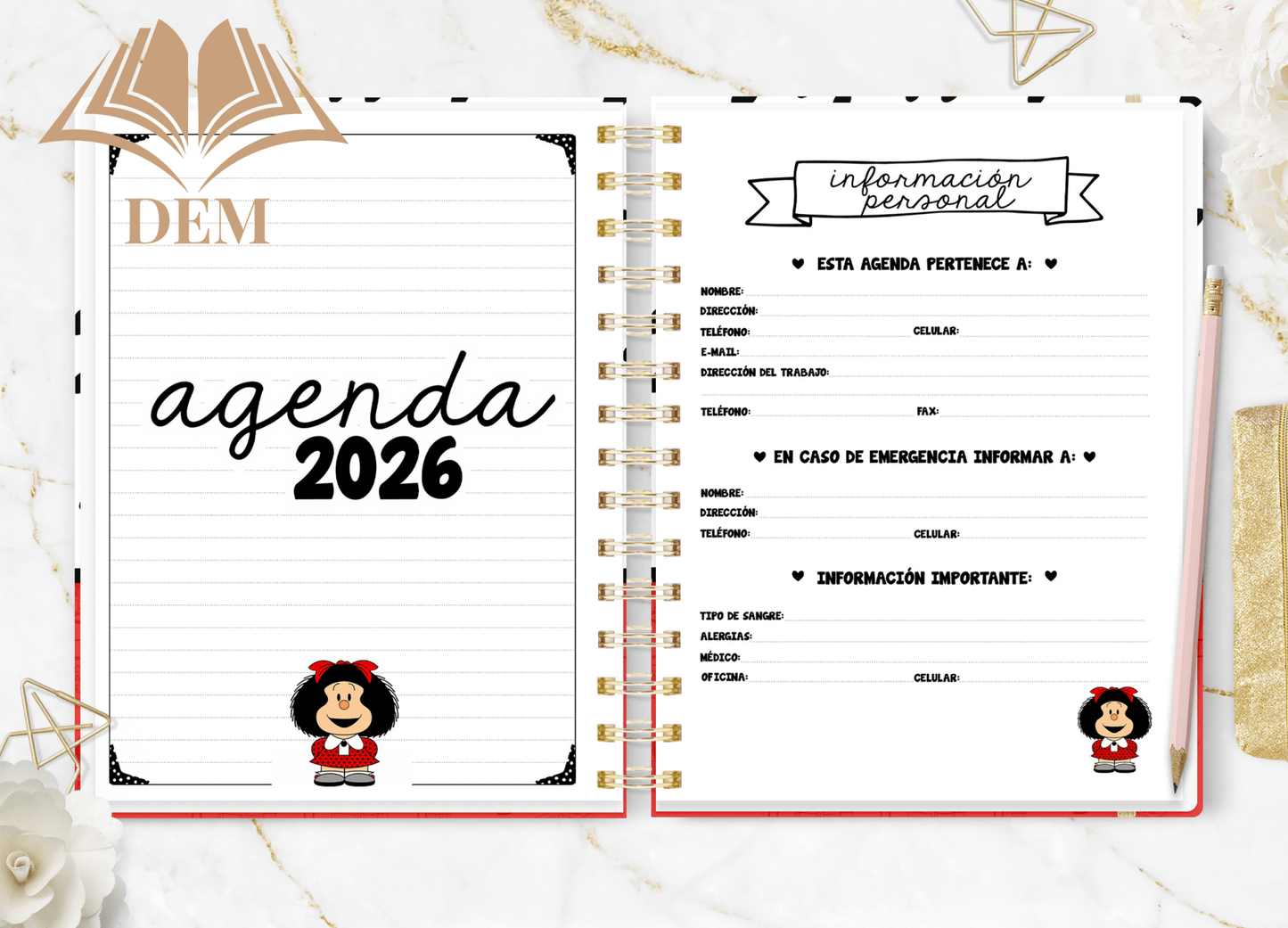 Agenda Semanal 2026 Mafalda - Planificación y Listas de Tareas - ImpresionesDEM